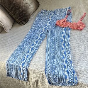 Rip curl white blue BoHo resort beach printed pull on gauze wide leg pant XL​